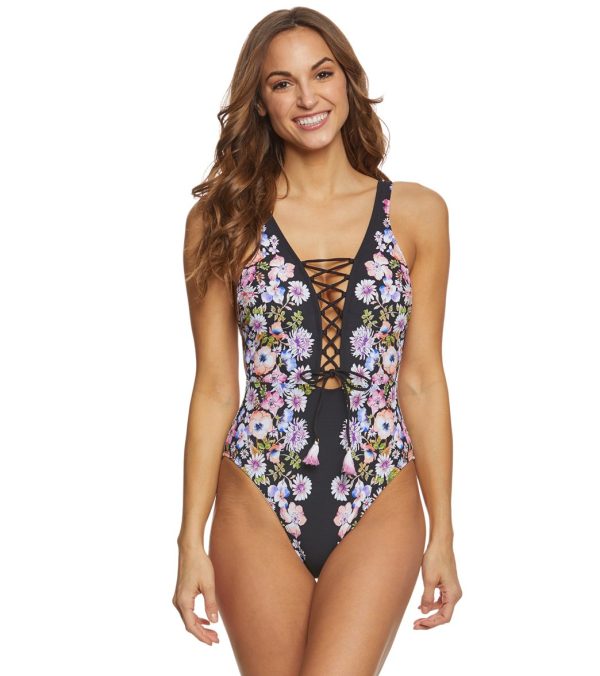 Kenneth Cole Reaction Dark Romance Lace Up Plunge One Piece Swimsuit Online Hot Sale