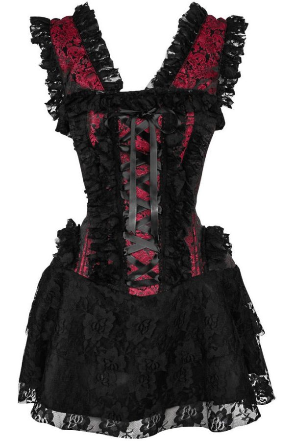 Top Drawer Steel Boned Red Black Lace Victorian Corset Dress Fashion